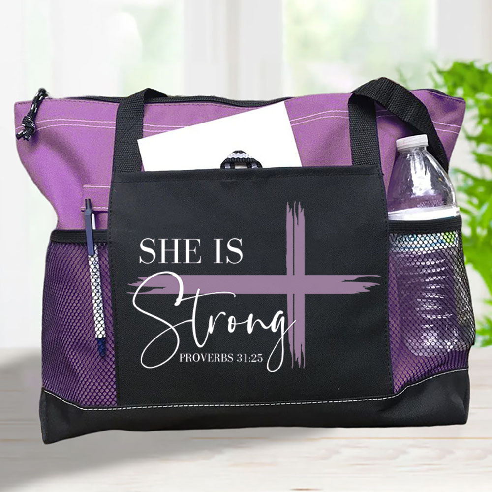She is Strong Bible Verse Tote Bag