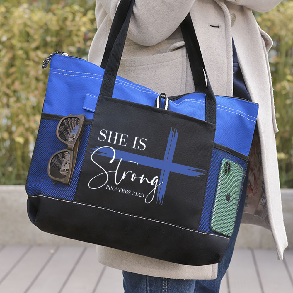 She is Strong Bible Verse Tote Bag