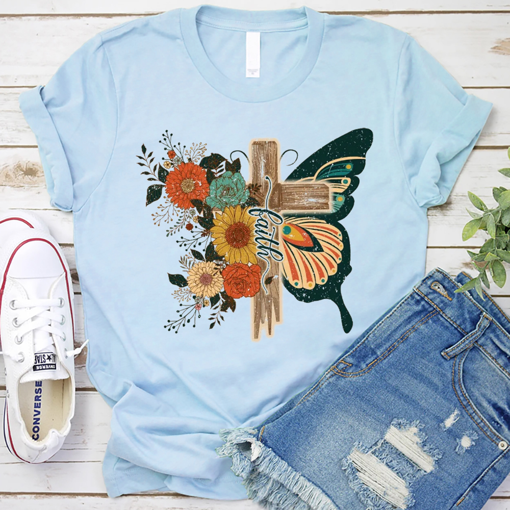 Retro Flower Butterfly Faith Cross Graphic Tee