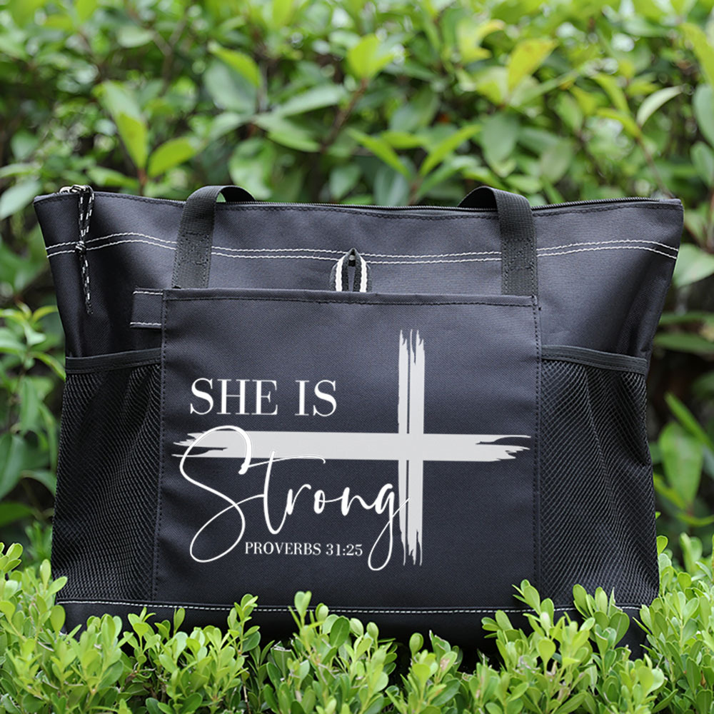 She is Strong Bible Verse Tote Bag