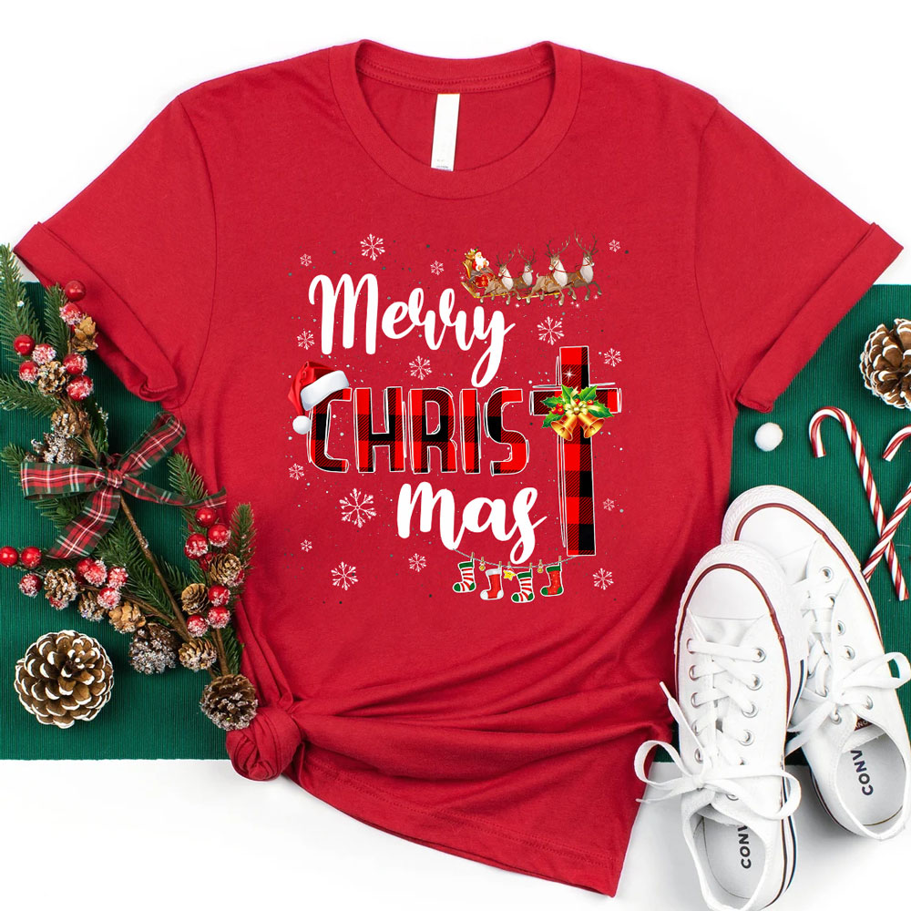 Merry Christ Mas Buffalo Plaid Christmas T-Shirt