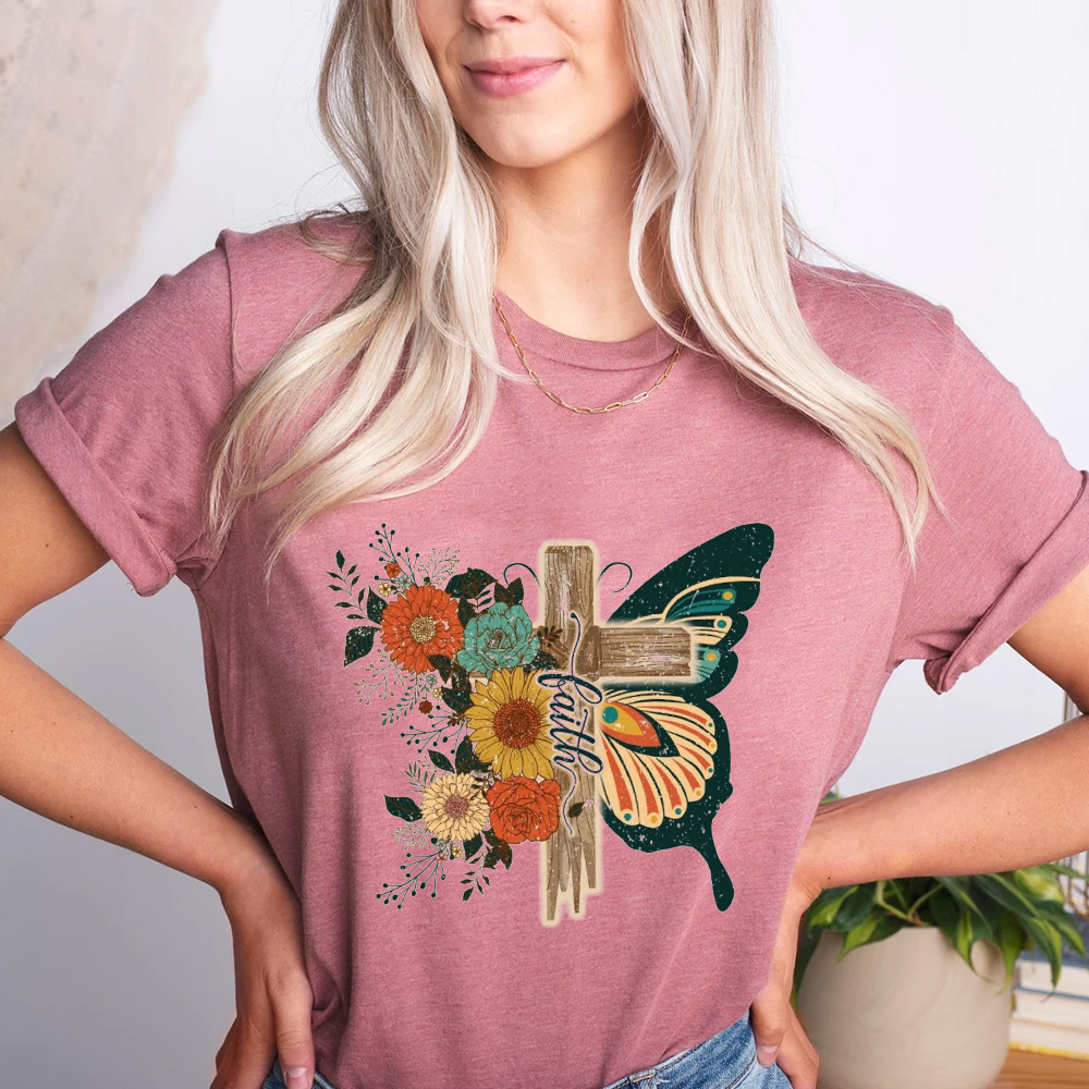 Retro Flower Butterfly Faith Cross Graphic Tee
