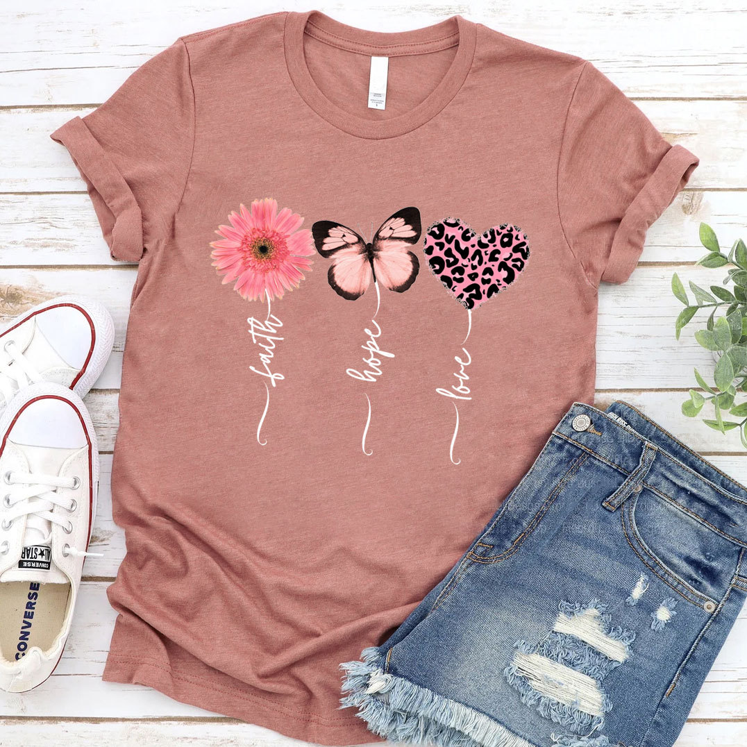 Faith Love Hope Flower Butterfly Heart Christian Shirt