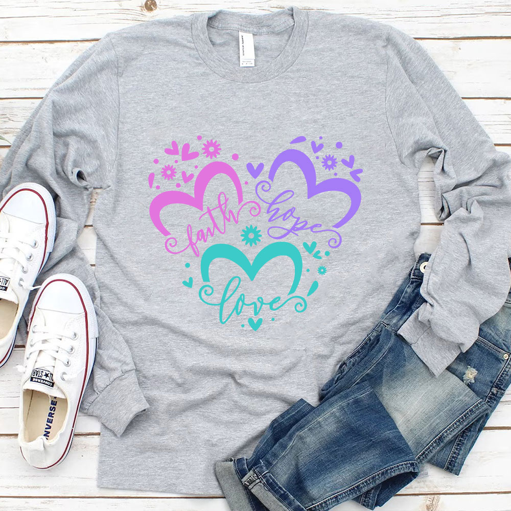 Faith Love Hope Heart Christian Piping Long SleeveT-Shirt