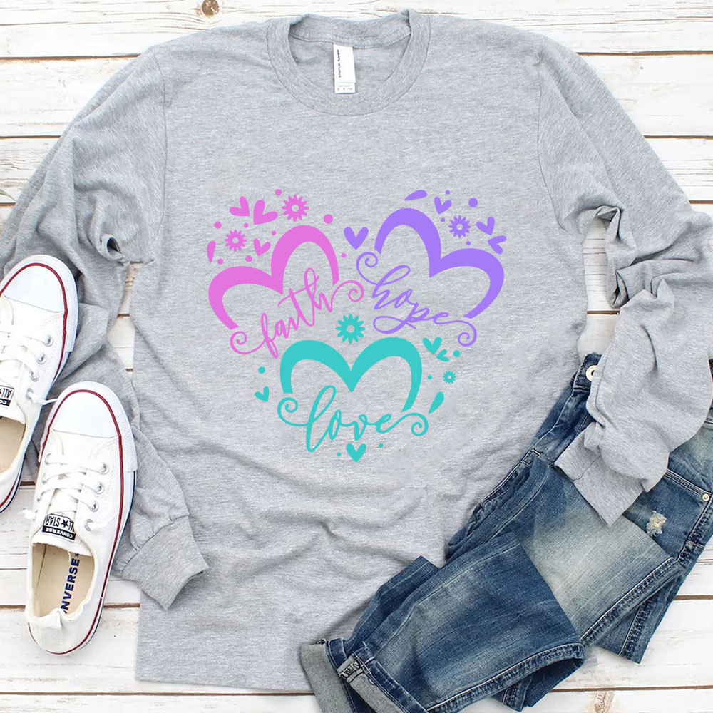 Faith Love Hope Heart Christian Piping Long SleeveT-Shirt