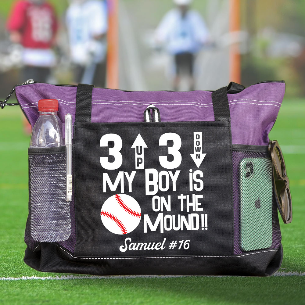 3 up 3 down My Boy Is on the Mound Personalized Baseball Tote Bag