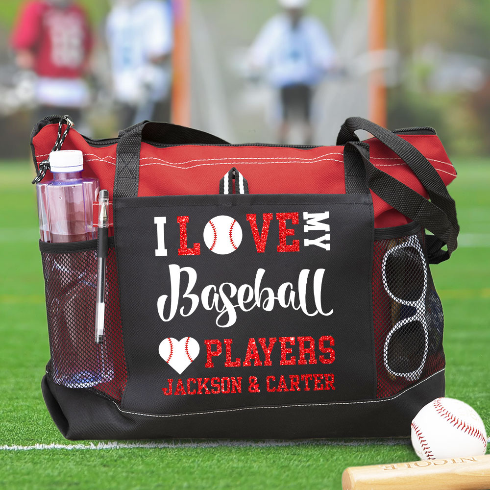 Custom I Love My Baseball Players Red Glitter Tote Bag