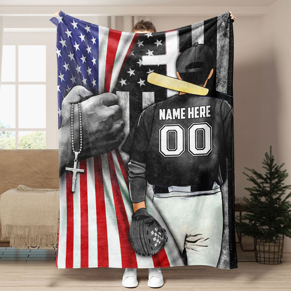 Personalized Baseball Player US Flag Soft Cozy Blanket