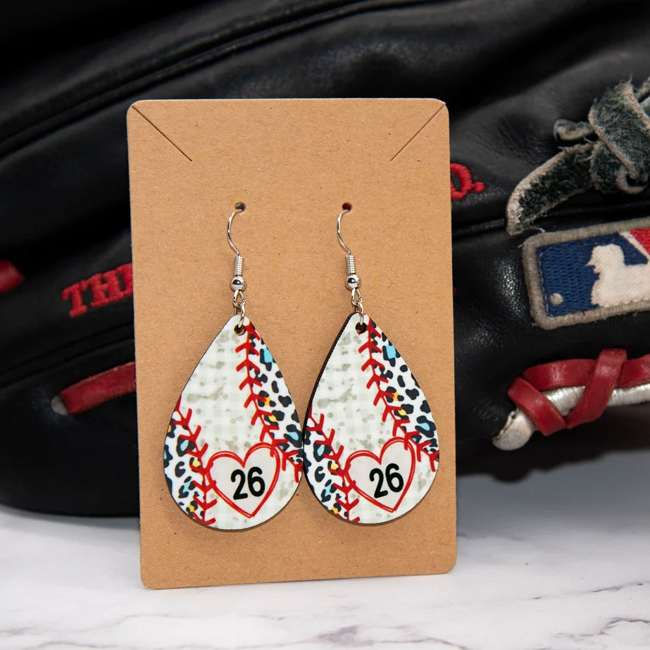 Personalized Waterdrp Wood Baseball Earrings