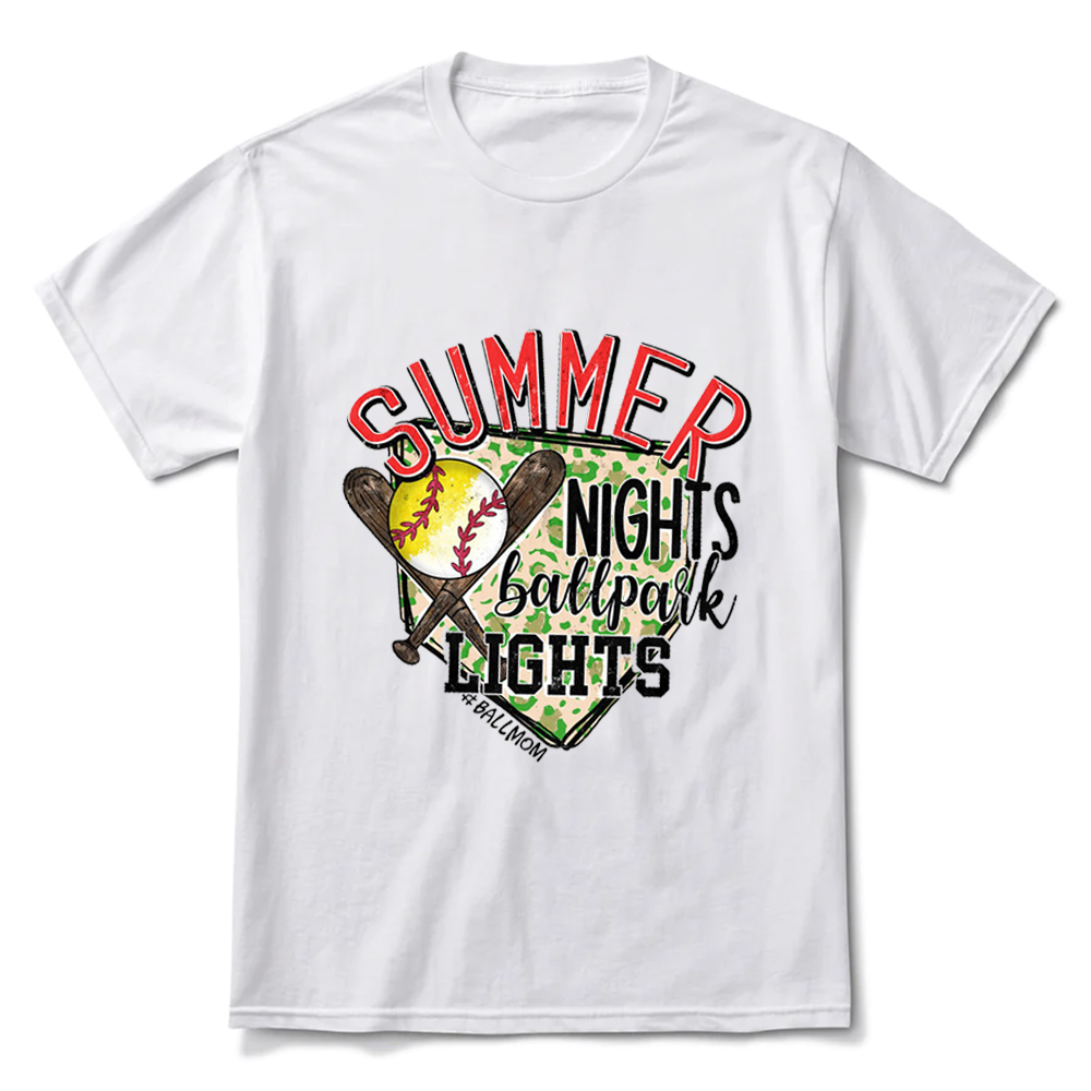 Summer Nights and Ballpark Lights Softball Baseball Mom T-Shirt