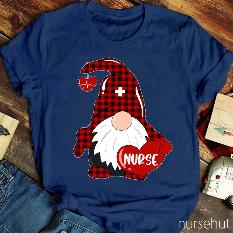 Red Plaid Gnome Red Heart Nurse T-Shirt