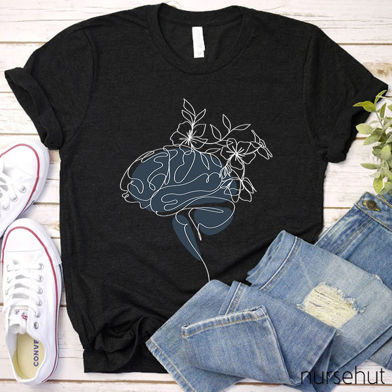 Flowers Growing From The Brain Line Drawing Nurse T-Shirt
