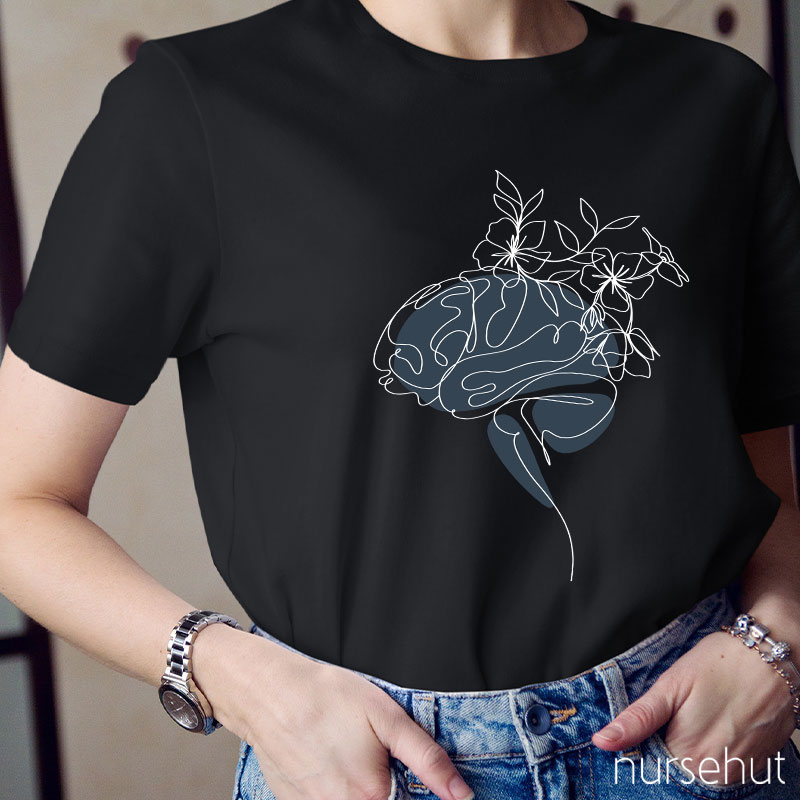 Flowers Growing From The Brain Line Drawing Nurse T-Shirt