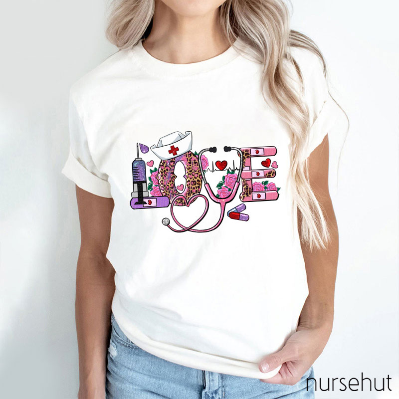 Valentine Love Stethoscope Leopard Print Flower Nurse T-Shirt