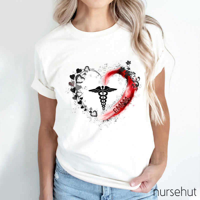Personalized Caduceus Heart Flower Ribbon Nurse T-Shirt