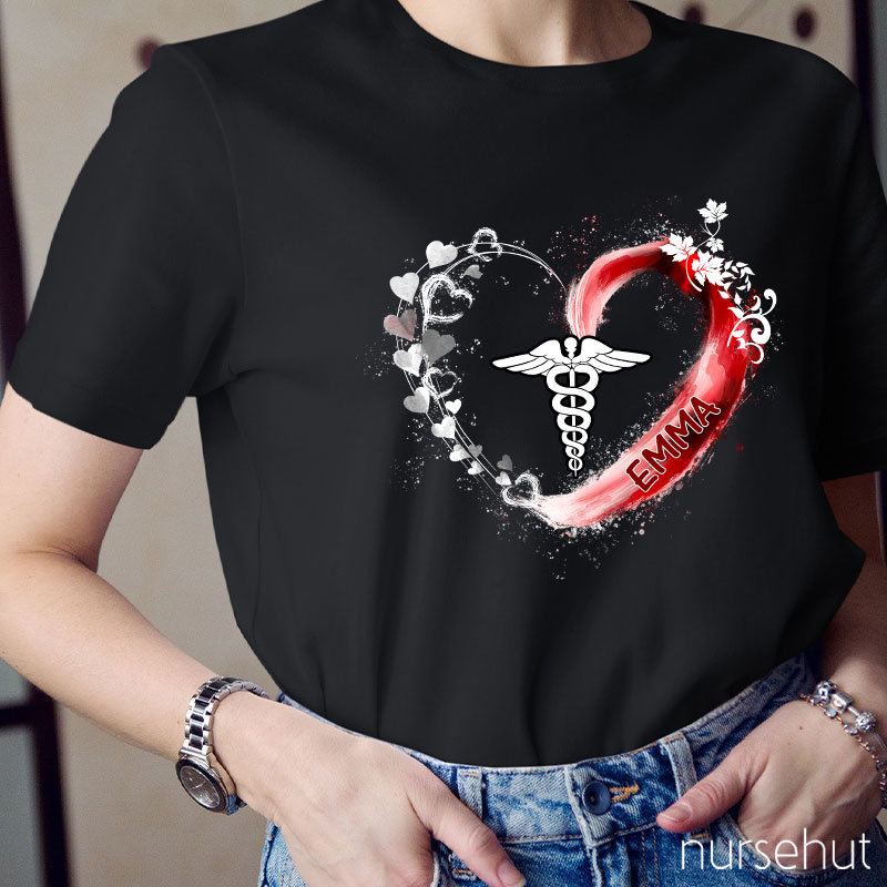 Personalized Caduceus Heart Flower Ribbon Nurse T-Shirt
