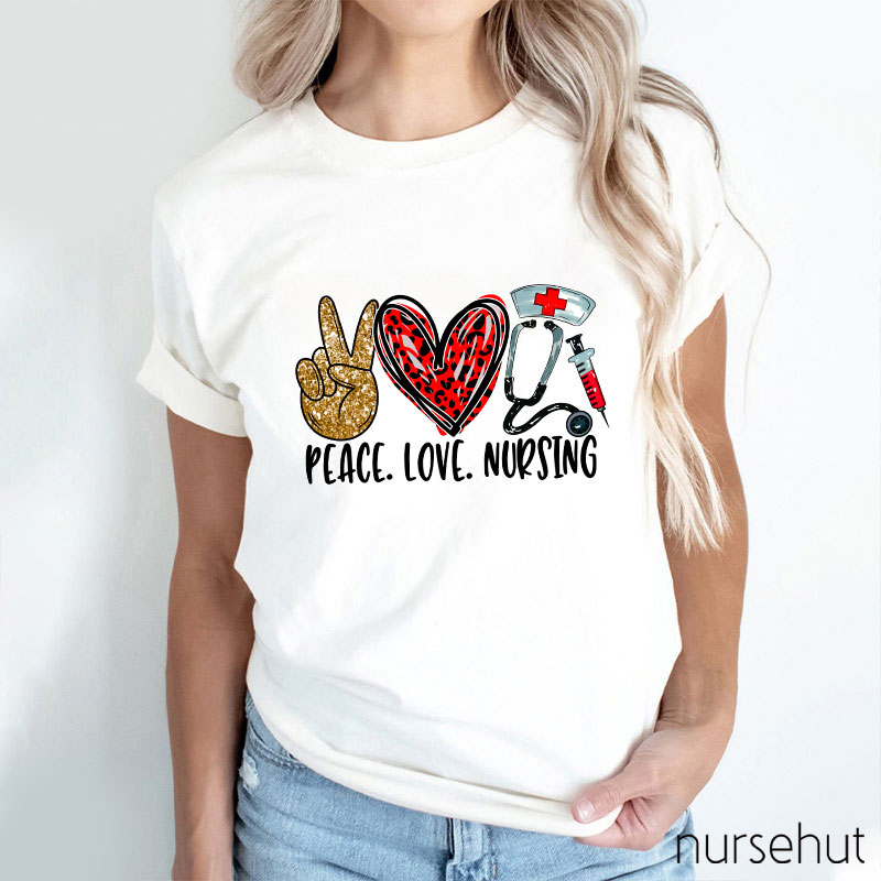 Peace Love Nursing Red Leopard Heart T-Shirt