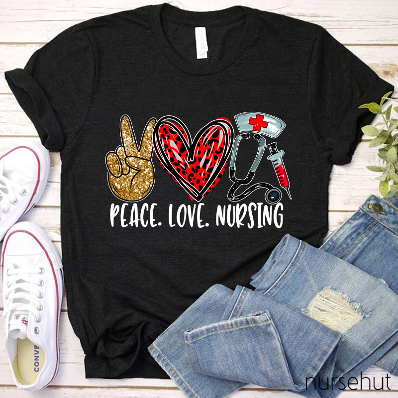 Peace Love Nursing Red Leopard Heart T-Shirt