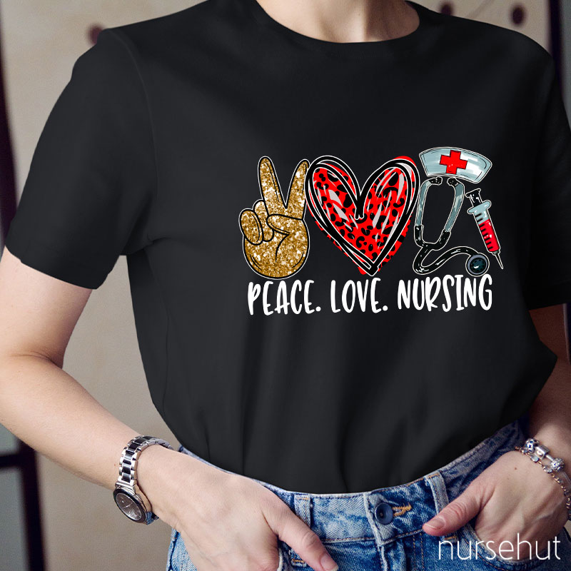 Peace Love Nursing Red Leopard Heart T-Shirt