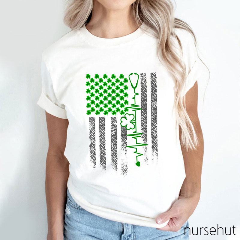 USA National Flag Clovers Stethoscope Nurse T-Shirt