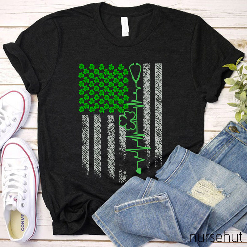 USA National Flag Clovers Stethoscope Nurse T-Shirt
