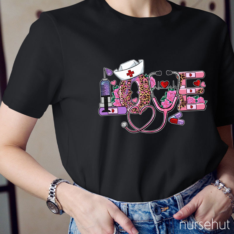 Valentine Love Stethoscope Leopard Print Flower Nurse T-Shirt