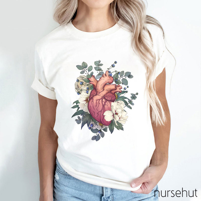 Retro Painting Style Heart And Flowers Nurse T-Shirt