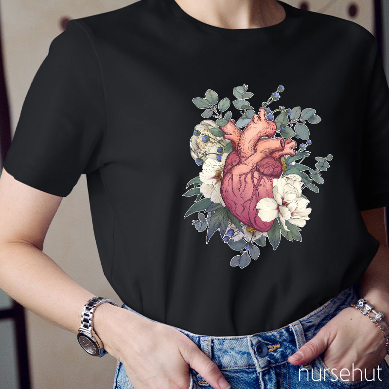 Retro Painting Style Heart And Flowers Nurse T-Shirt