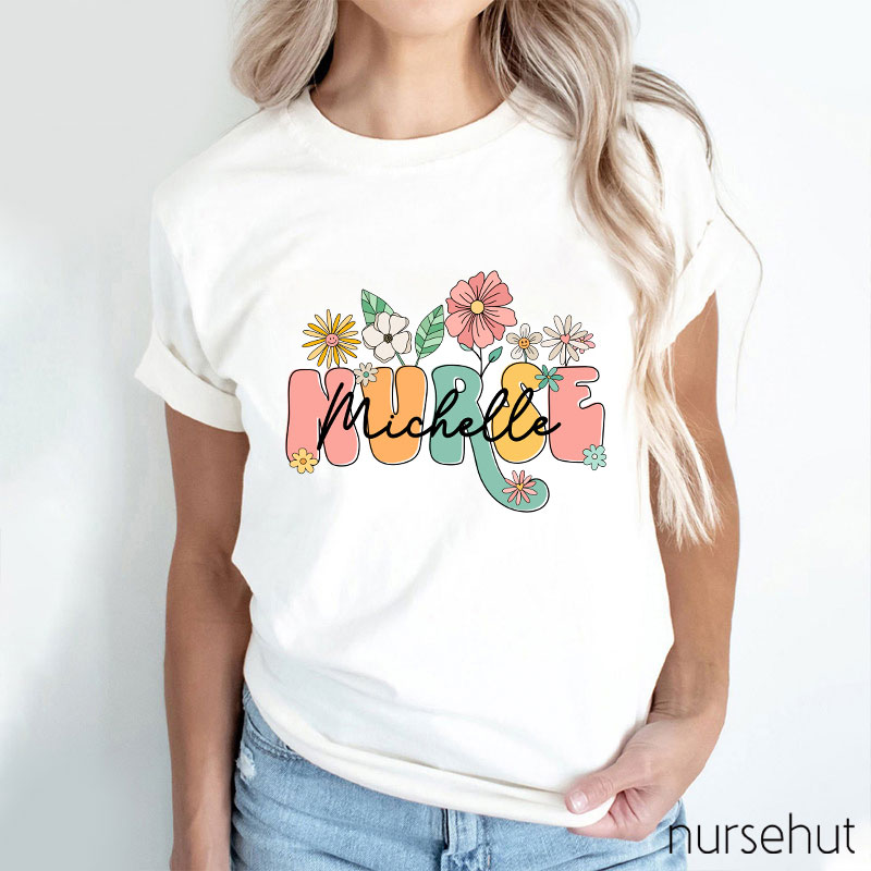 Personalized Nurse Name Flower Nurse T-Shirt