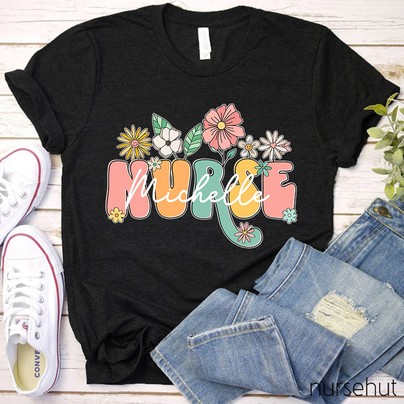 Personalized Nurse Name Flower Nurse T-Shirt