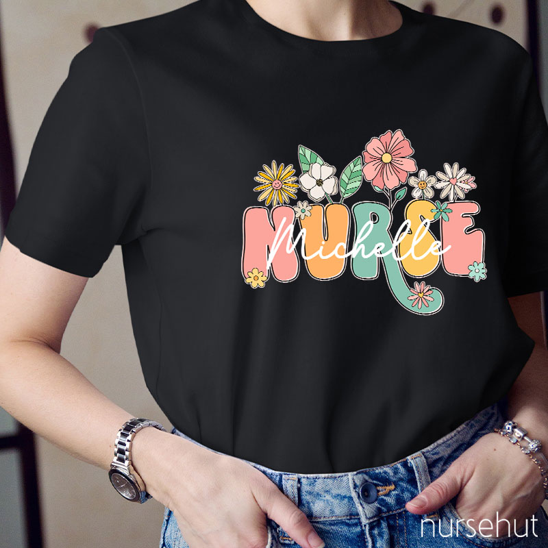 Personalized Nurse Name Flower Nurse T-Shirt