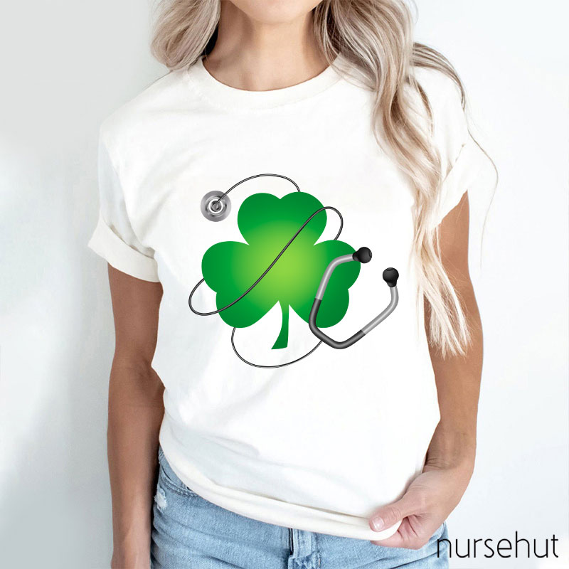 Four Leaf Clover With Stethoscope Nurse T-Shirt