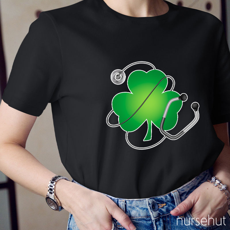 Four Leaf Clover With Stethoscope Nurse T-Shirt