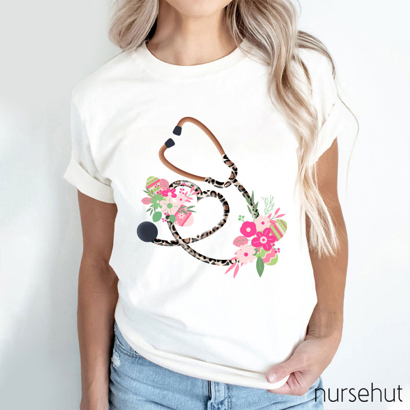 Floral Leopard Stethoscope Heart Nurse T-Shirt