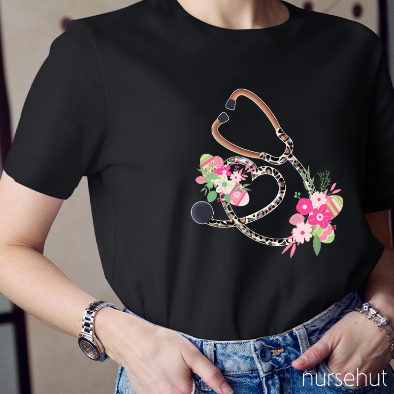 Floral Leopard Stethoscope Heart Nurse T-Shirt
