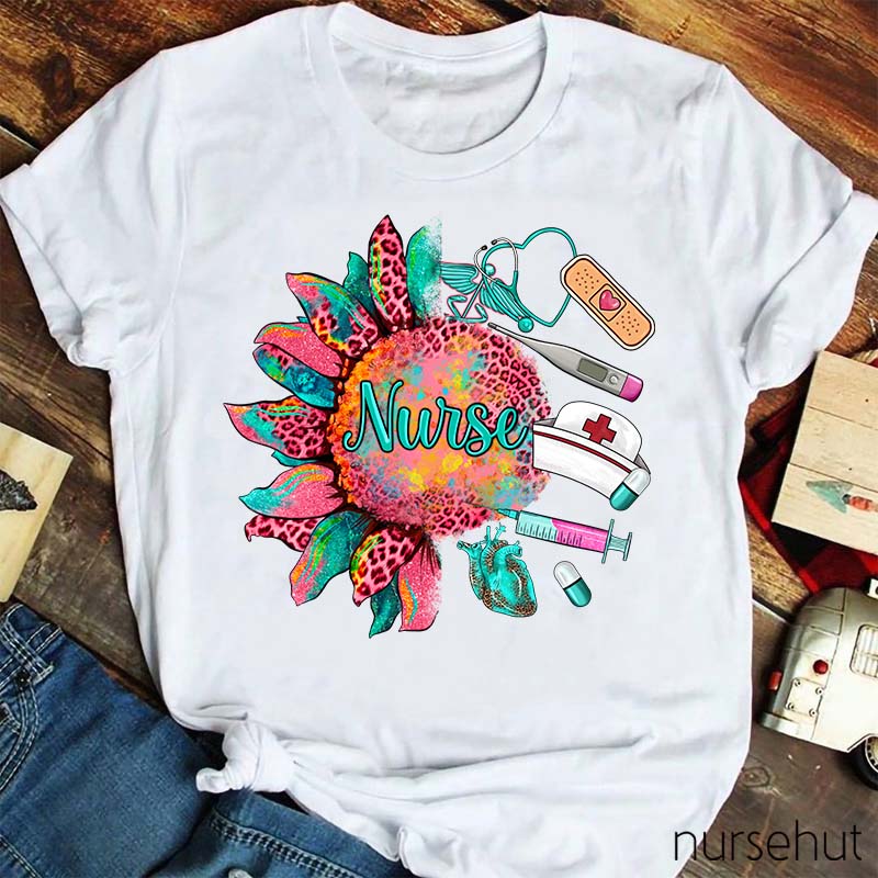 Leopard Pink Sunflower Nurse T-Shirt
