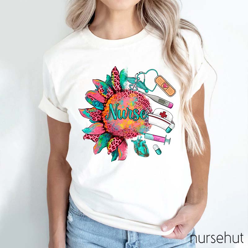Leopard Pink Sunflower Nurse T-Shirt