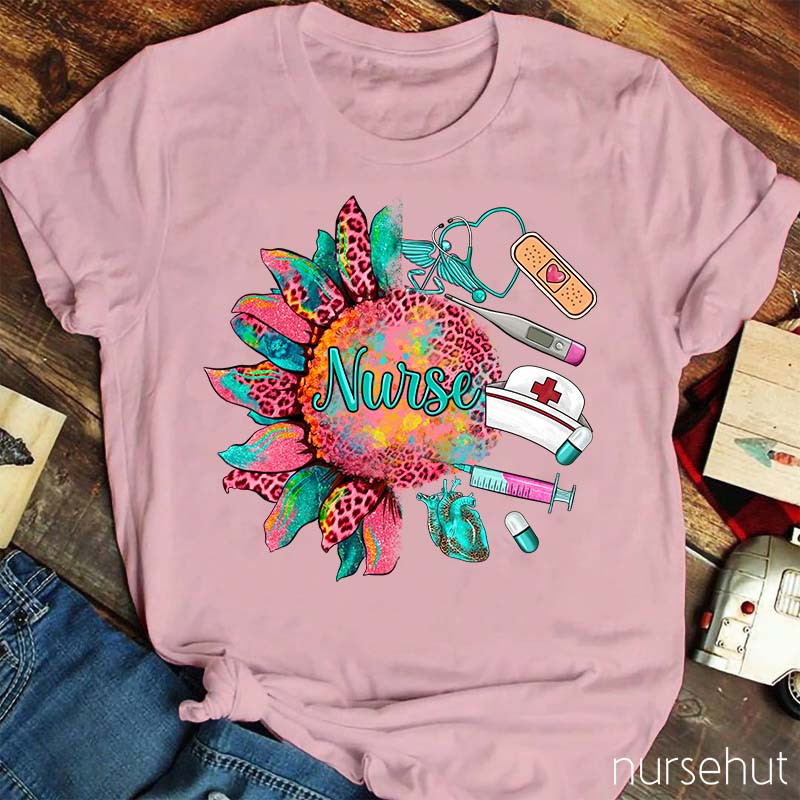 Leopard Pink Sunflower Nurse T-Shirt