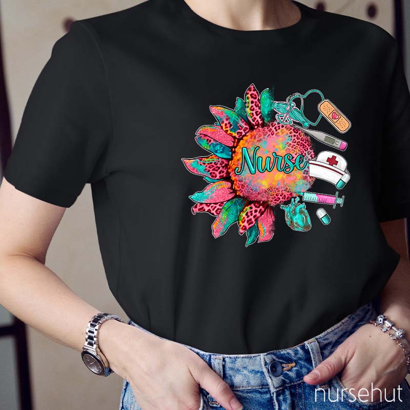 Leopard Pink Sunflower Nurse T-Shirt