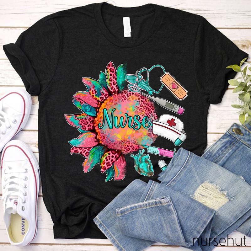 Leopard Pink Sunflower Nurse T-Shirt
