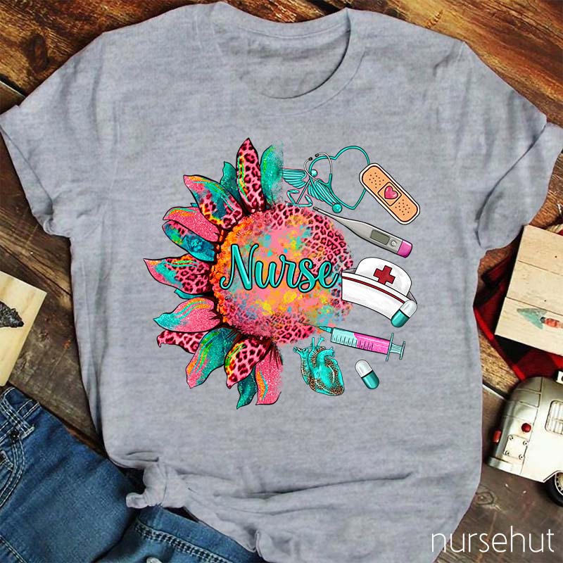 Leopard Pink Sunflower Nurse T-Shirt
