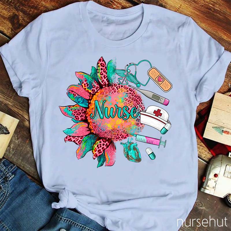 Leopard Pink Sunflower Nurse T-Shirt