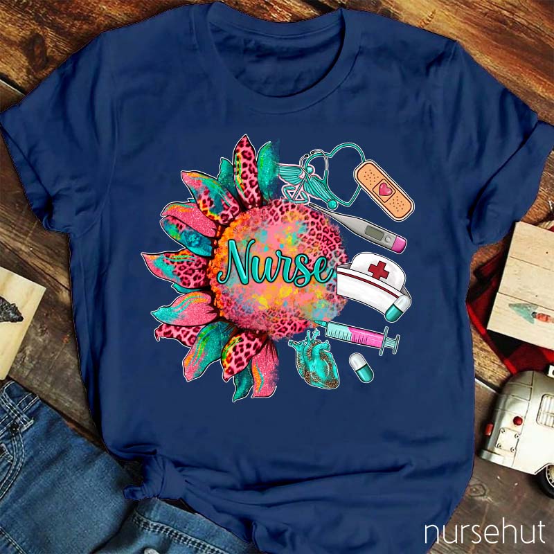 Leopard Pink Sunflower Nurse T-Shirt
