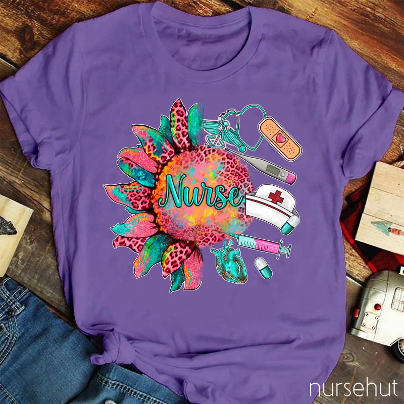 Leopard Pink Sunflower Nurse T-Shirt