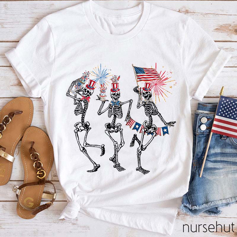 Happy Independence Day Dancing Skeleton Nurse T-Shirt