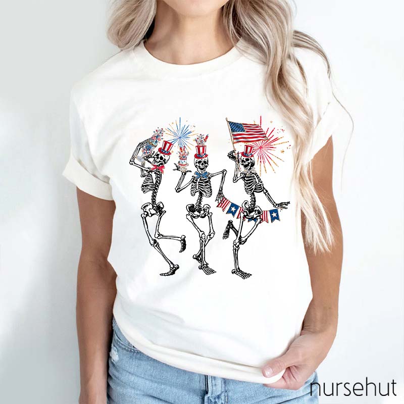 Happy Independence Day Dancing Skeleton Nurse T-Shirt