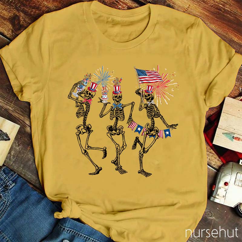 Happy Independence Day Dancing Skeleton Nurse T-Shirt