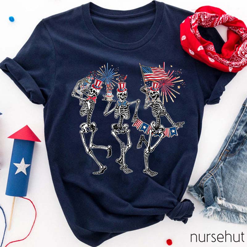 Happy Independence Day Dancing Skeleton Nurse T-Shirt