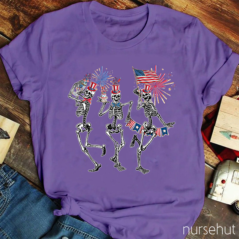 Happy Independence Day Dancing Skeleton Nurse T-Shirt