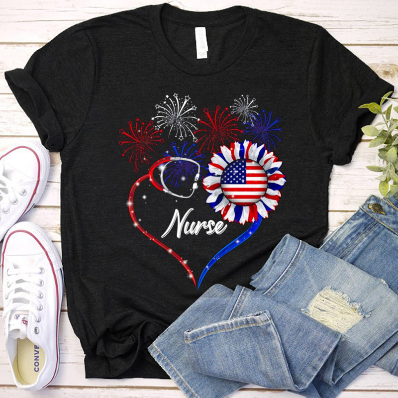 Flag Fireworks Stethoscope Nurse T-Shirt